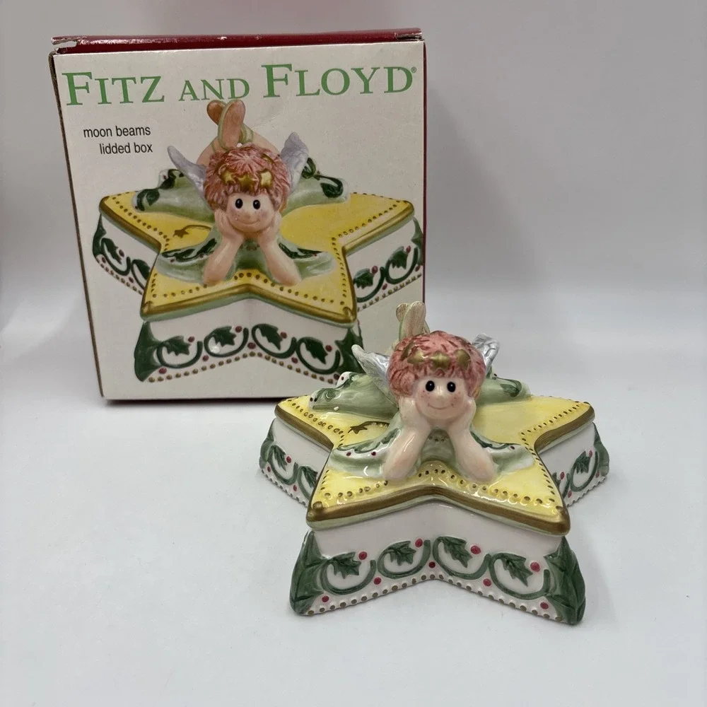 Fitz And Floyd Moonbeams Angel Lidded Trinket Box Star Shaped Holly Berry Xmas